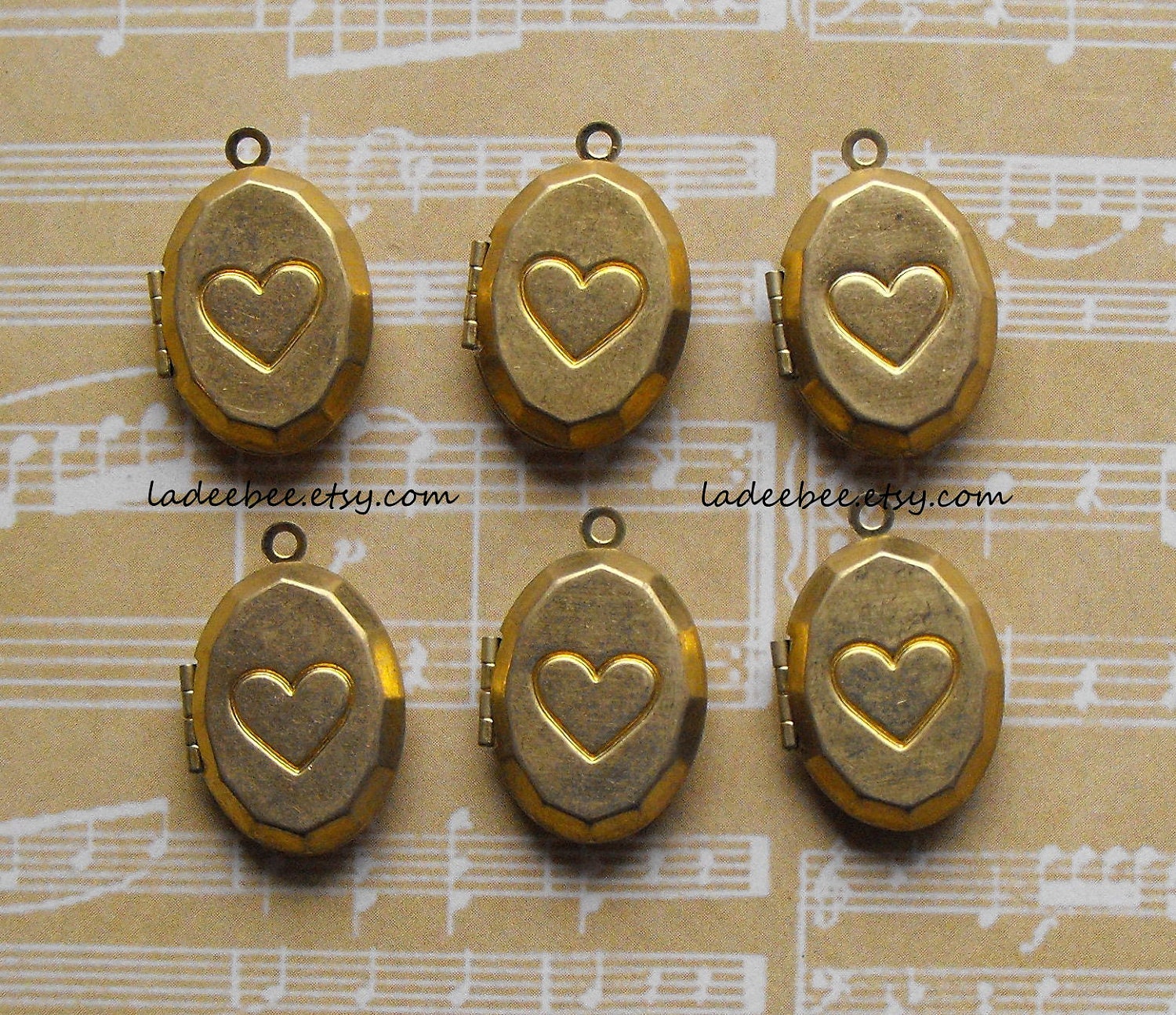 Lockets - 6 Raw Brass Oval Lockets with Heart