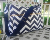 Extra Large Diaper Bag  with Top Zipper Closure in Navy Blue Chevron