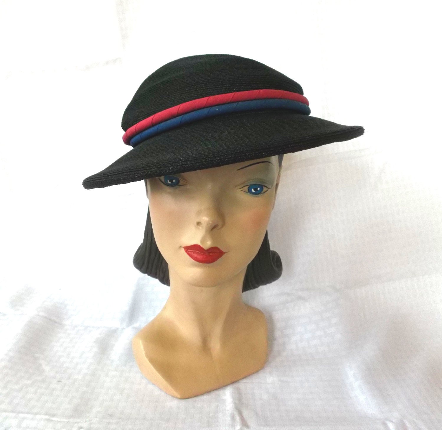 1930's Vintage Black Wide Brim Hat with Fuchsia And Blue Accents