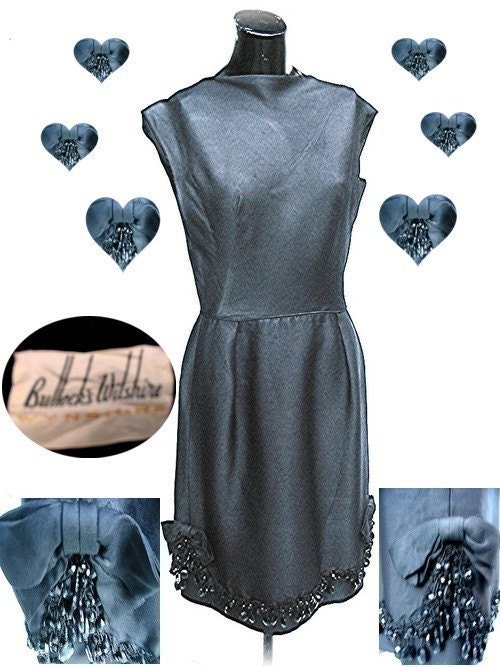 Mod 1960s black dress designer Pat Sandler dangle beads n bows detail