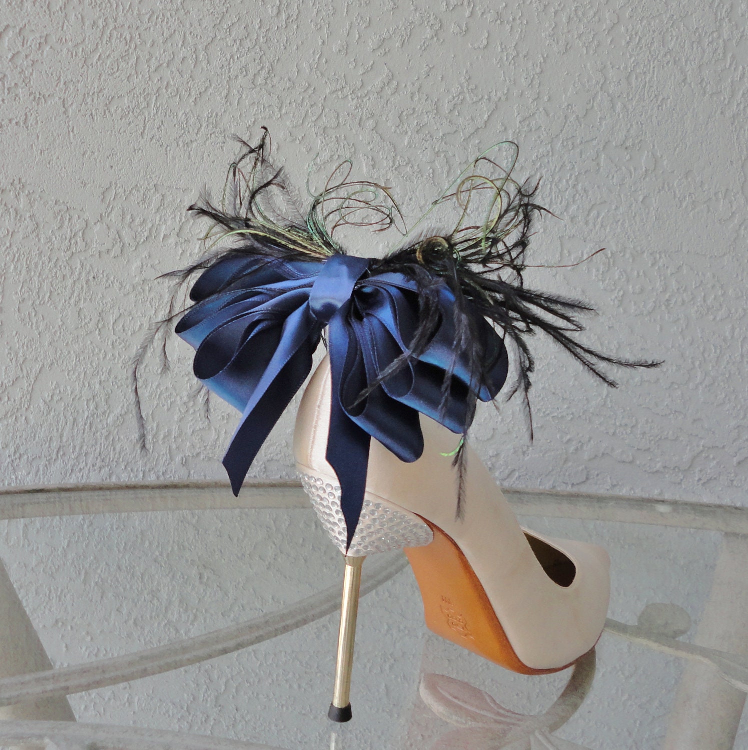 Bridal Party Wedding Navy Blue Bow And Feather Shoe Clips Set Of Two