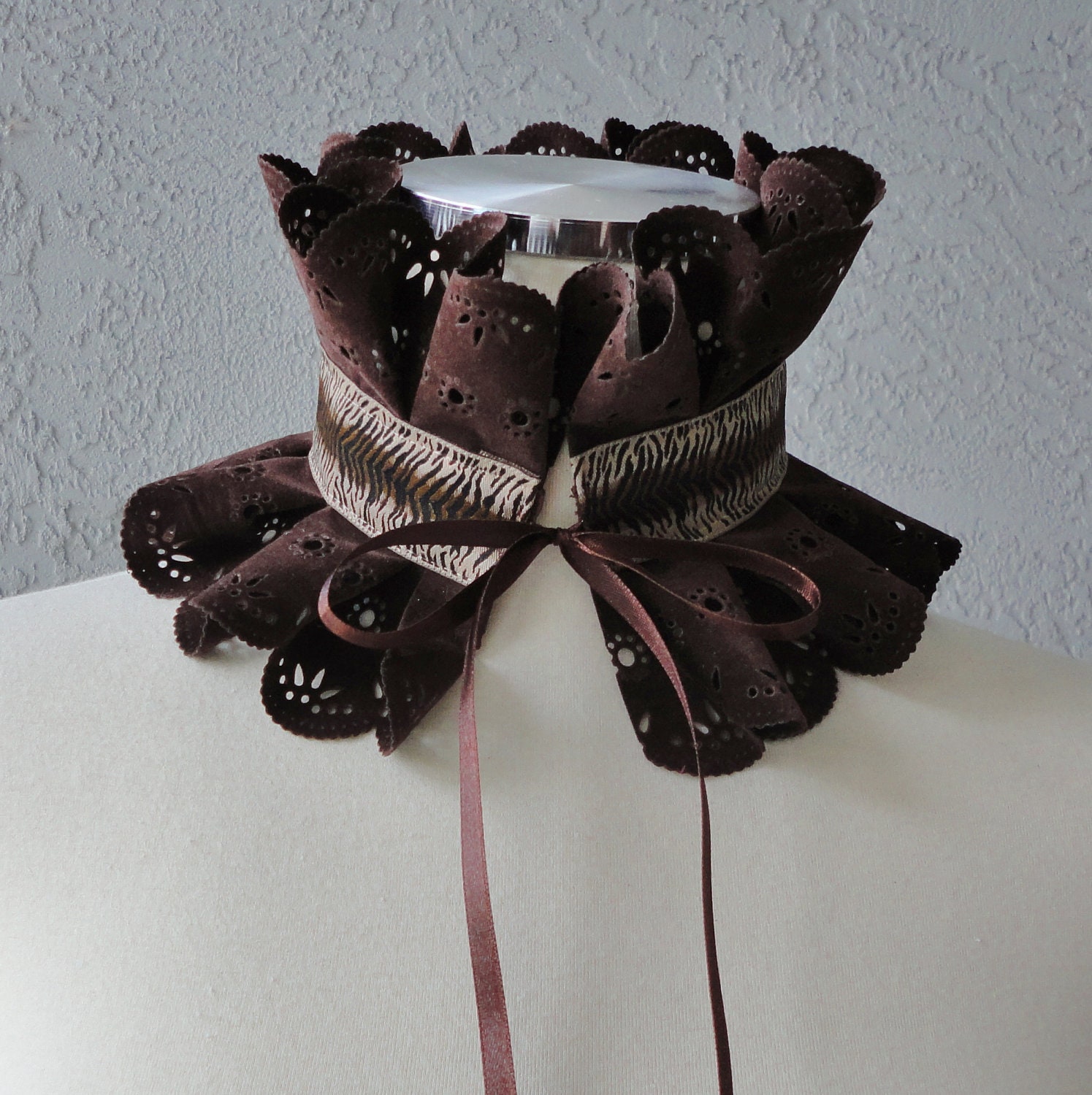 Victorian Inspired Dark Brown Faux Suede And  Ribbon Ruffle Collar Necklace Cowl Statement Piece