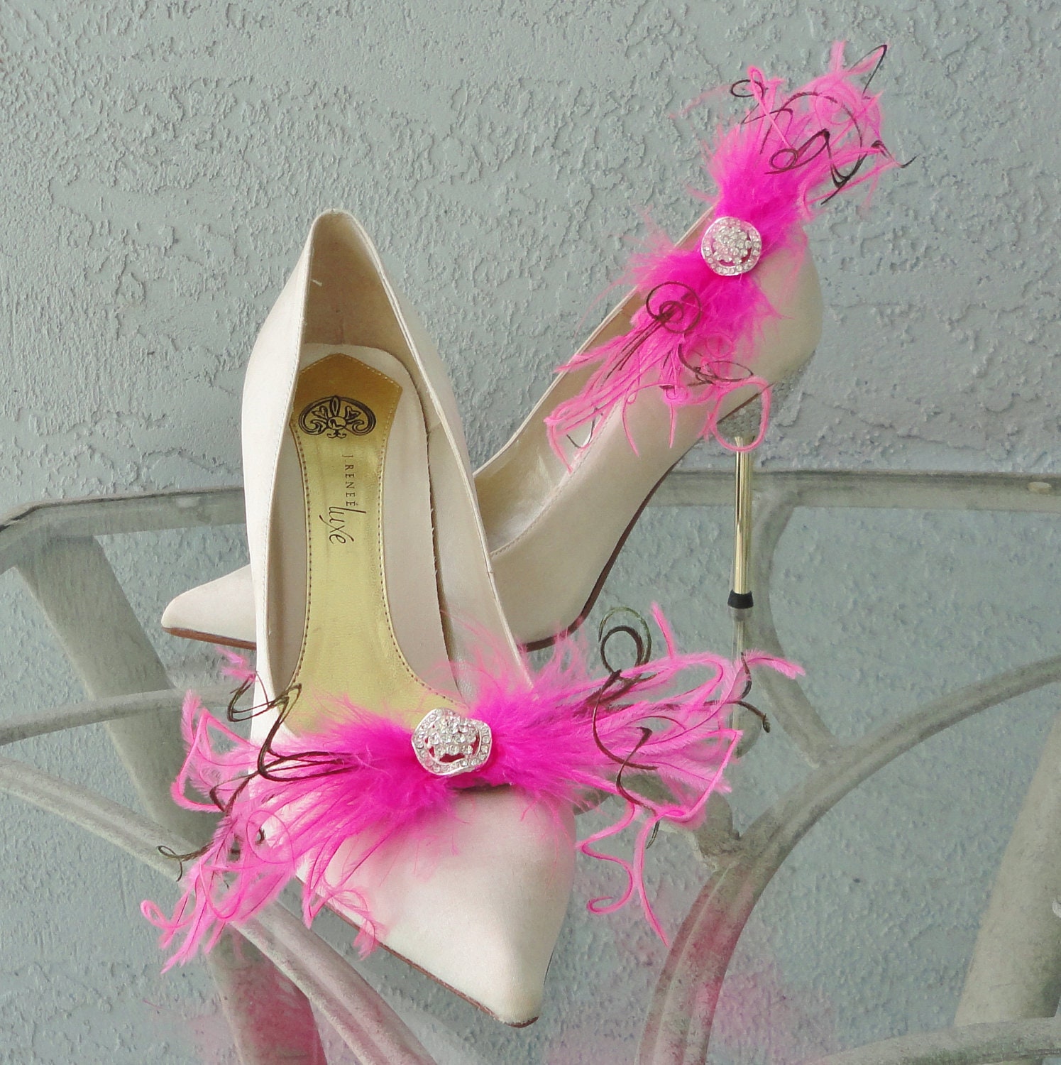 Wedding Bridal Party Peacock  Pink Ostrich Feather Shoe Clips Set Of Two 8 Center Rhinestones To Choose From