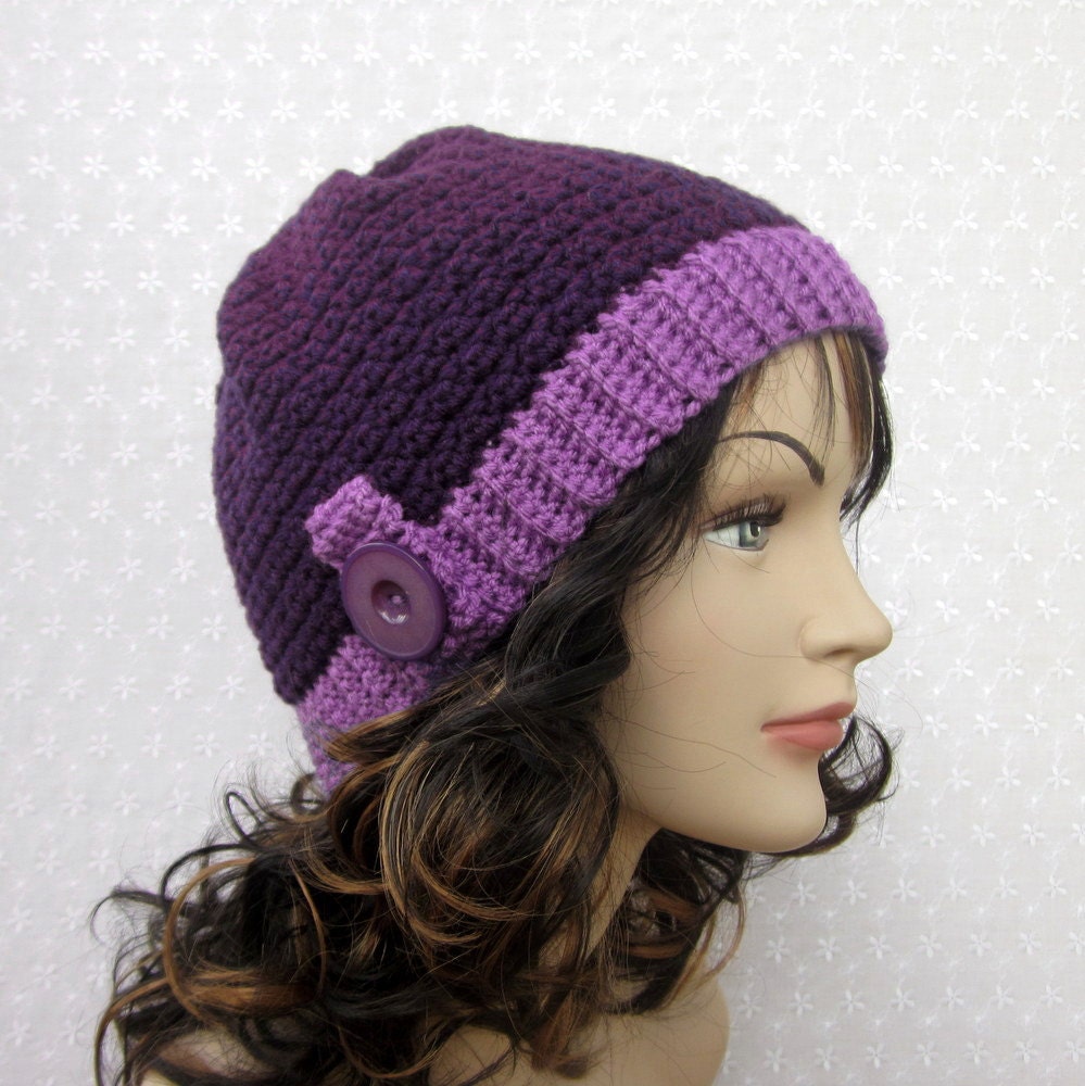 Purple Crochet Hat - Womens Beanie with Button - Ladies Cap
