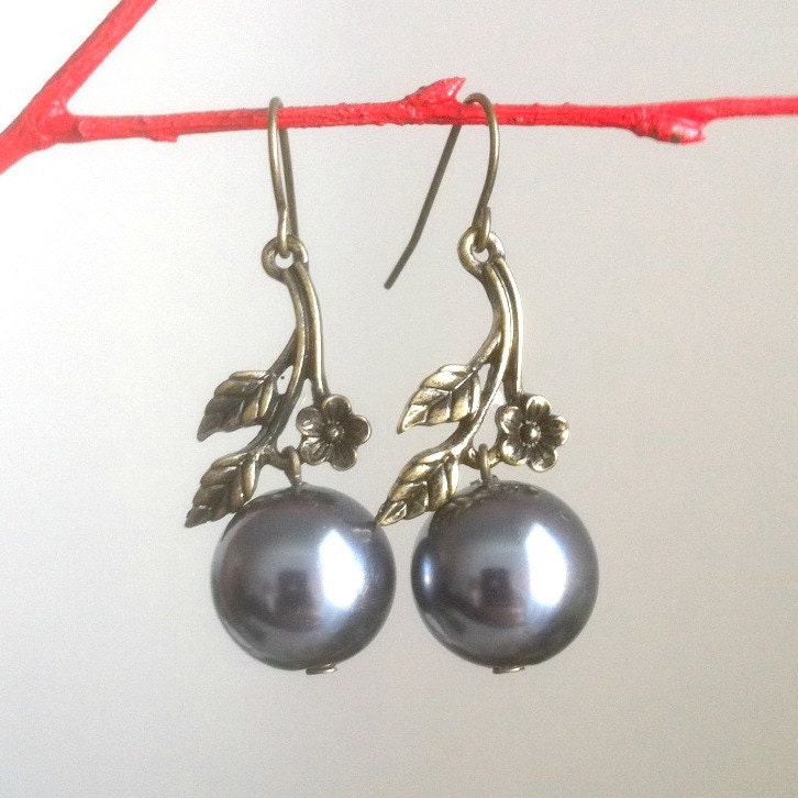 Grey Pearl Cherry Blossom Earrings