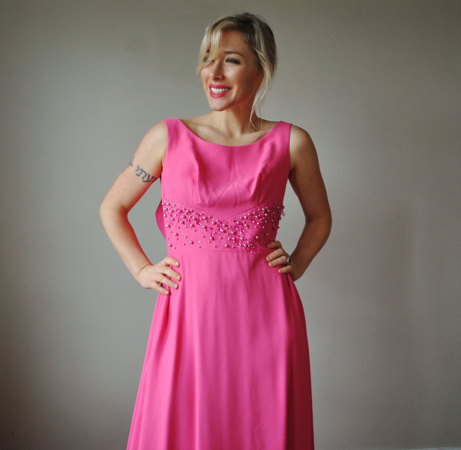 1960s Neon Pink Evening Gown, size extra small xs