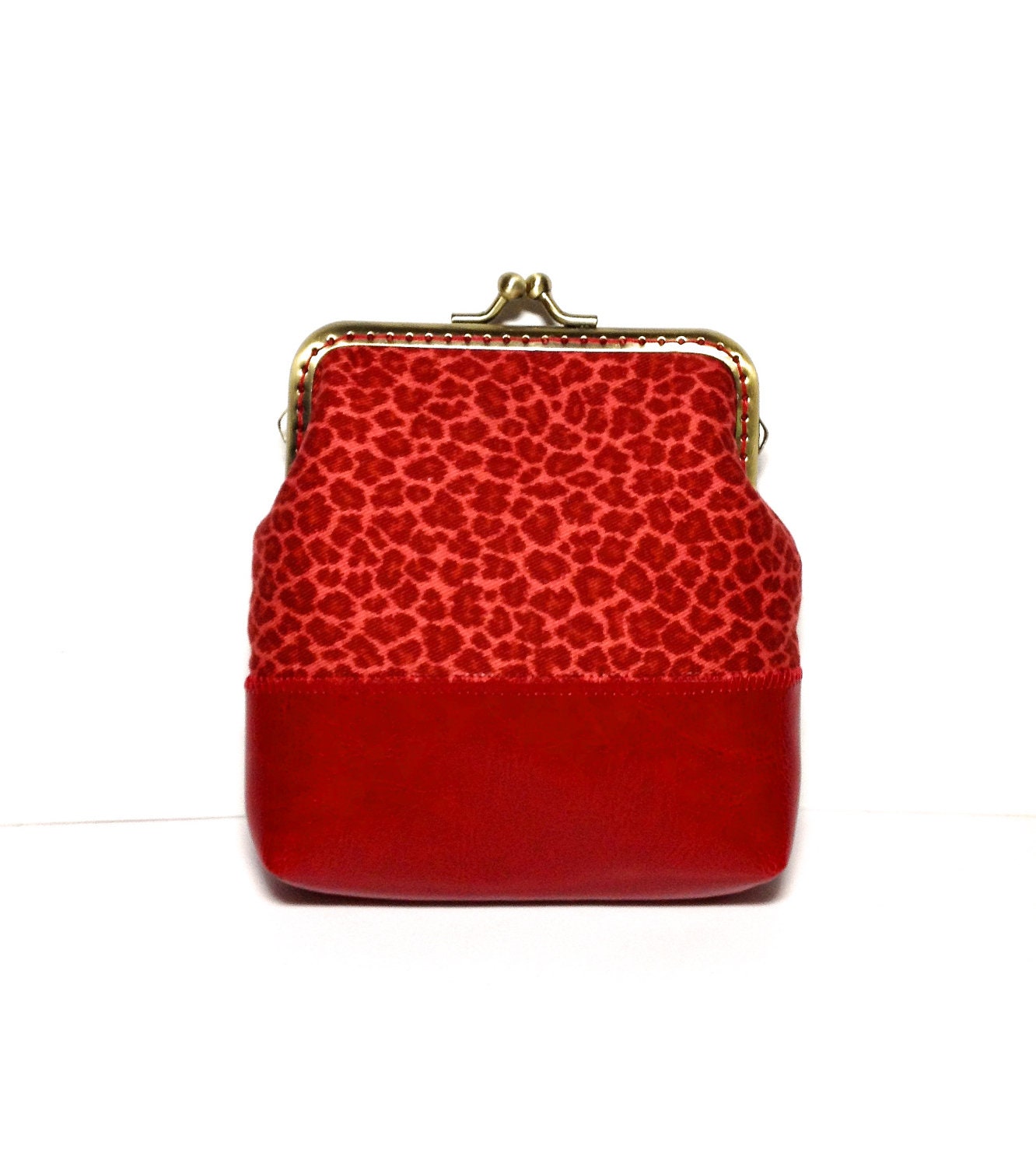 Coin Purse with Italian Red Leather and Red Leopard
