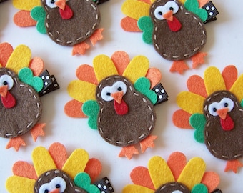 Felt Turkey Hair Clip - Cute Thanksgiving Clippies - Chocolate Brown, Orange and Yellow - Fall and Autumn Hair Bows