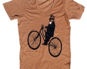 Women's Vneck TShirt, Monkey Cycling in Unisex Heather Orange  XS, S, M, L, XL