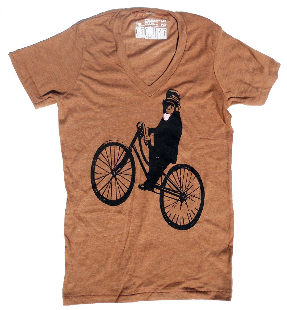 Women's Vneck TShirt, Monkey Cycling in Unisex Heather Orange  XS, S, M, L, XL