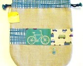 Natural linen kinchaku pouch - i love bike