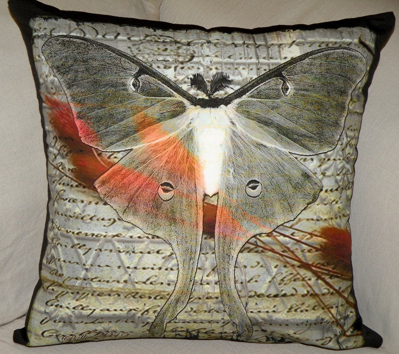 Designer  Pillow Cover - "Parchment Luna Moth" - Hand Made - Fits 18x18 Insert  -  original design