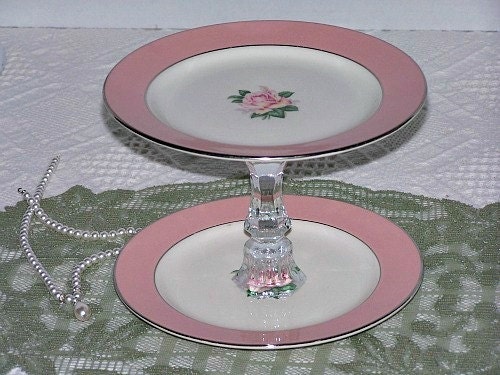 Pink Rose 2 Tier Cupcake Plate Glass Pedestal Stand