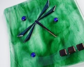 Streaky Green Glass Plate with Dragonfly, Fused Glass Plate, Home Decor, Housewares