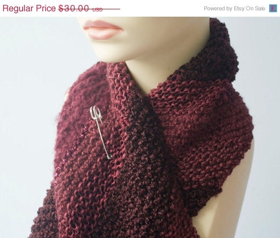 Hand Knit Scarf, Diagonal Texture Stripes, Scarf Pin, Burgundy Fall Fashion, Dark Raspberry - beadedwire