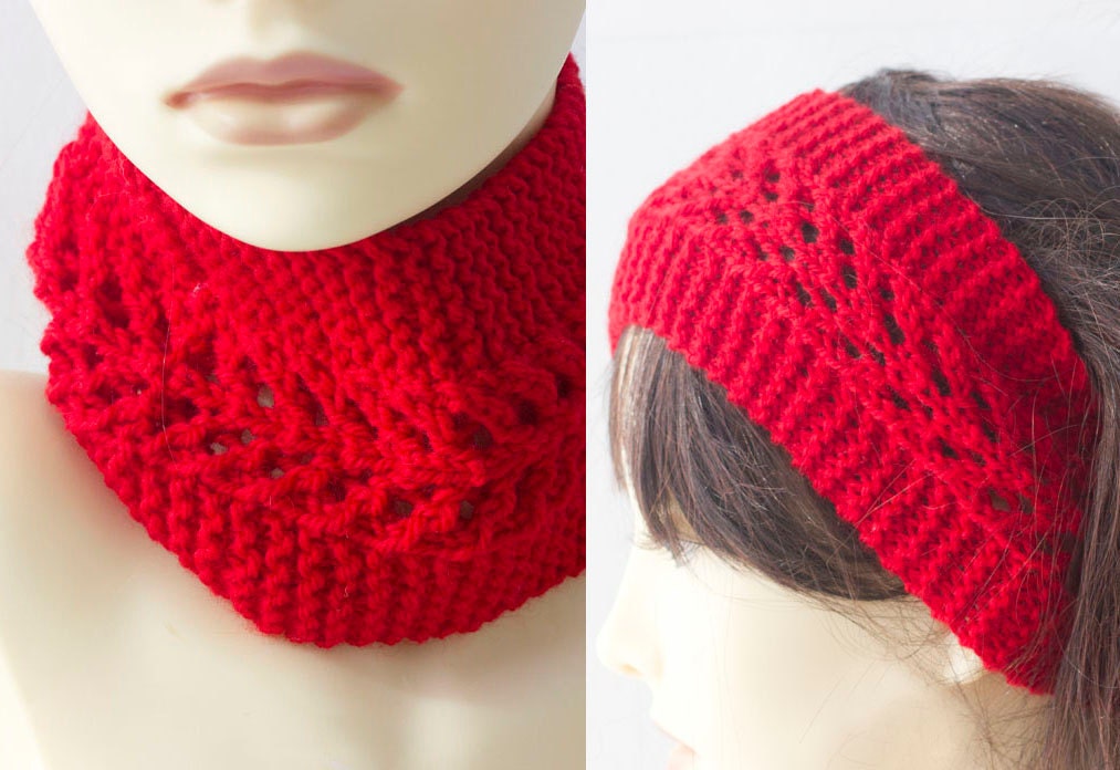 Red Wool Lace Knit Neck Warmer Knitted Head Wrap by beadedwire
