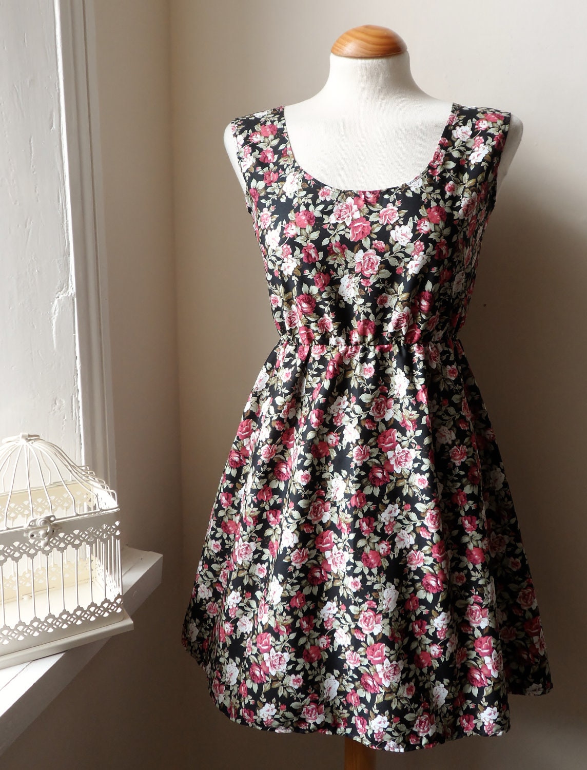 Black Floral BoHo Dress English Wild Rose Floral Quaint Dress S