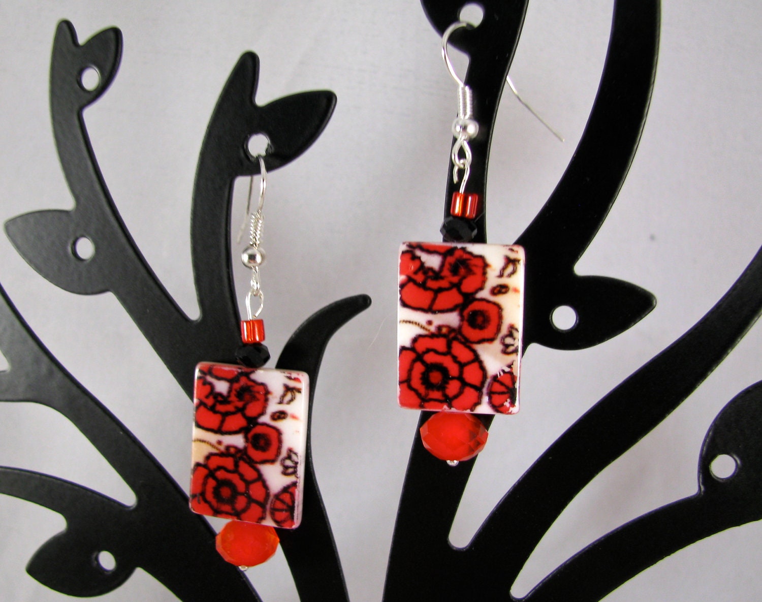 Shell tile red flowers with Czech crystal sterling dangle earrings