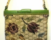1930s Embroidered Floral Purse With Green Bakelite Clasp