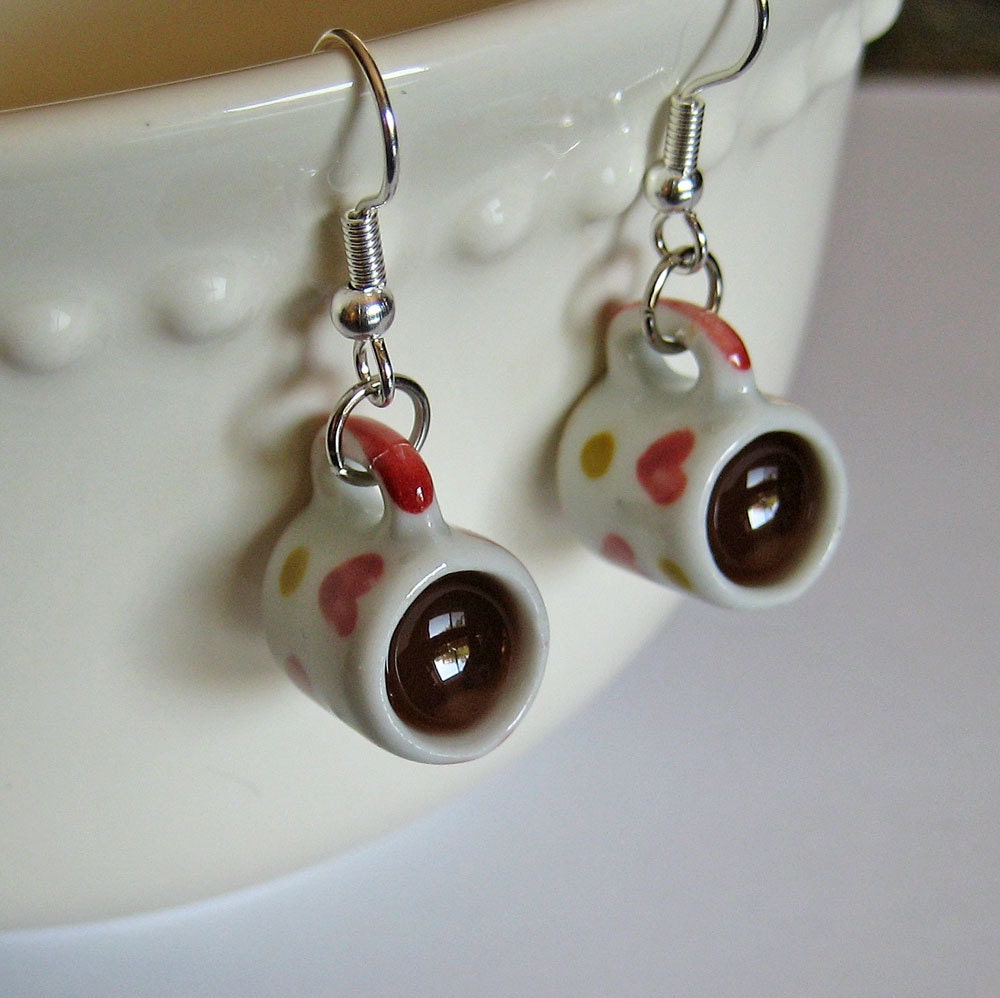 Cup of Coffee Heart Mug Earrings - Miniature Food Jewelry