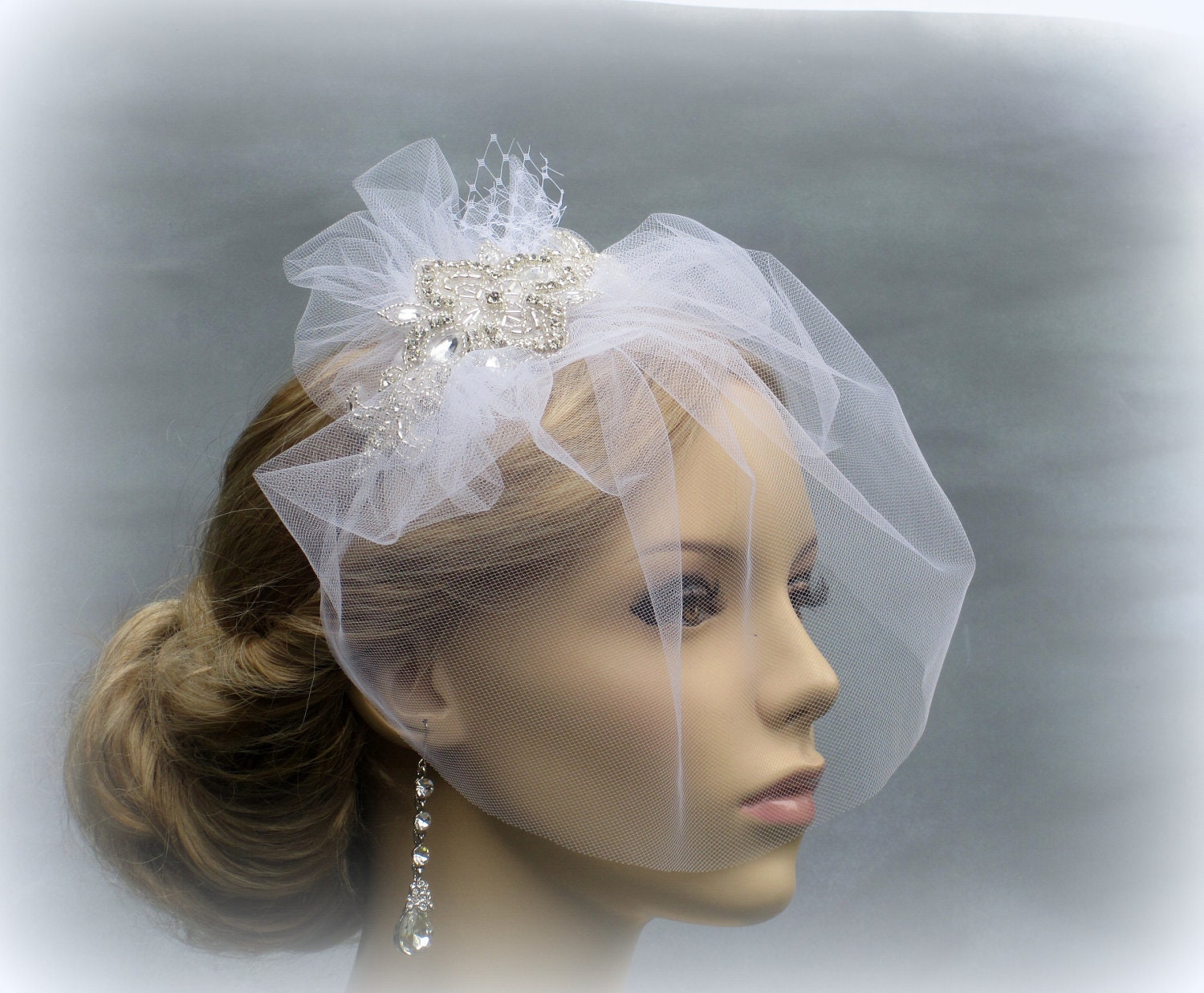 Bridal Blusher netting Veil , Rhinestone Wedding Head Piece with Bird Cage Tulle Veil with crystal embellishment