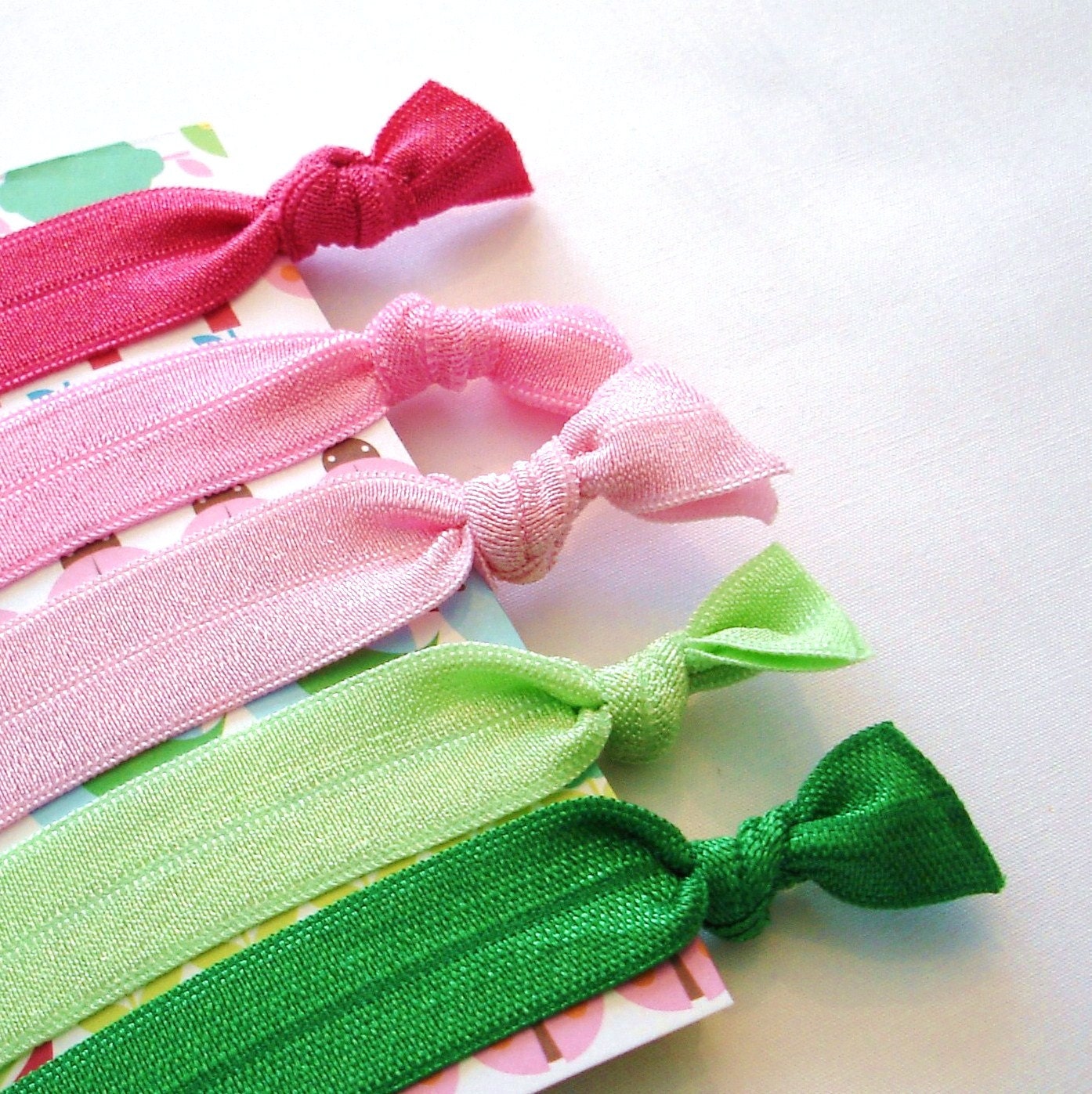Hair Tie Set - Preppy Pink and Green - 5 Elastic Hair Ties