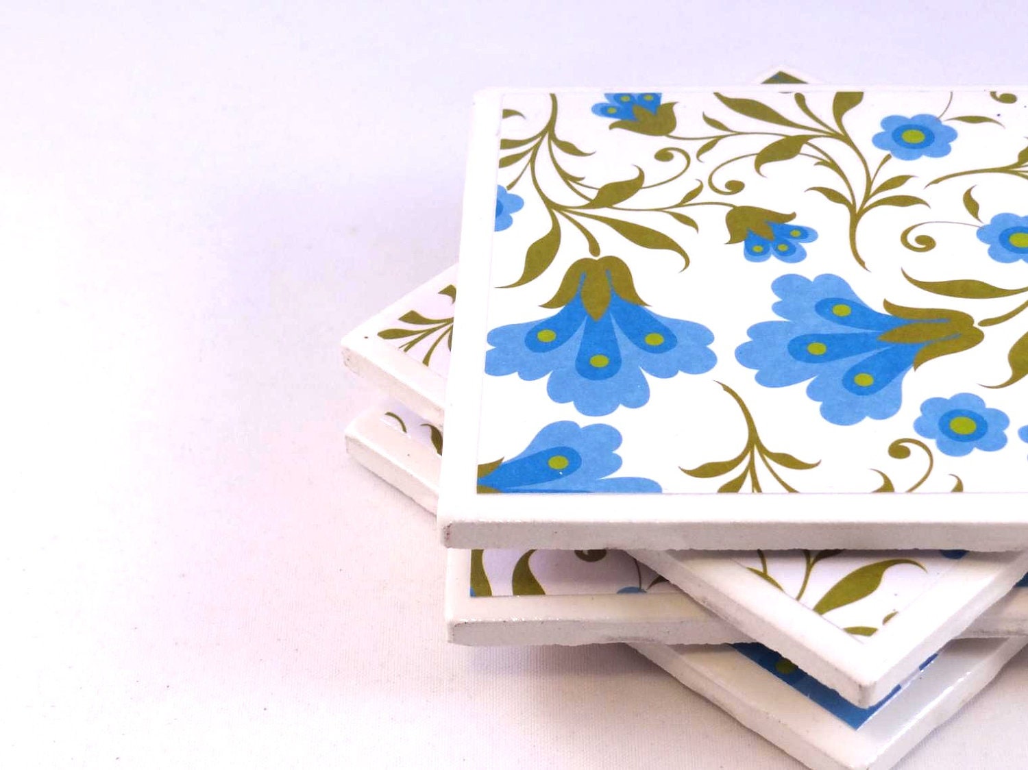 Tile Coasters - Blue and White Floral - Set of 4 Tile Coasters (LAST SET)