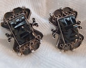 Vintage Santoyo Earrings Black Onyx Mask / Sterling Silver Mexico / Screwback - AnotherTimeAntiques