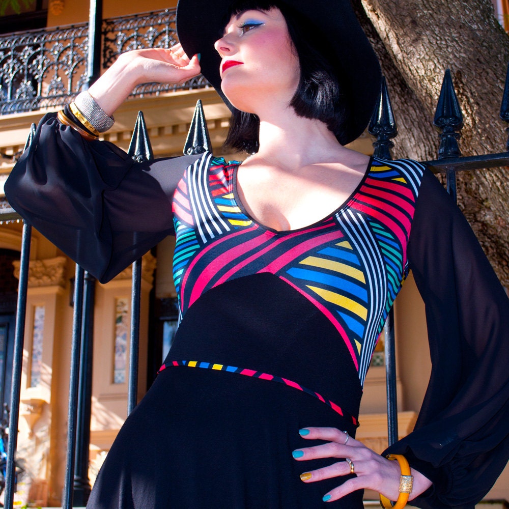 Black Long Dress w Bright Stripe Contrast, Jersey Knit Fabric, V Neck, Full Long Sleeve in Chiffon, Full Long Skirt.