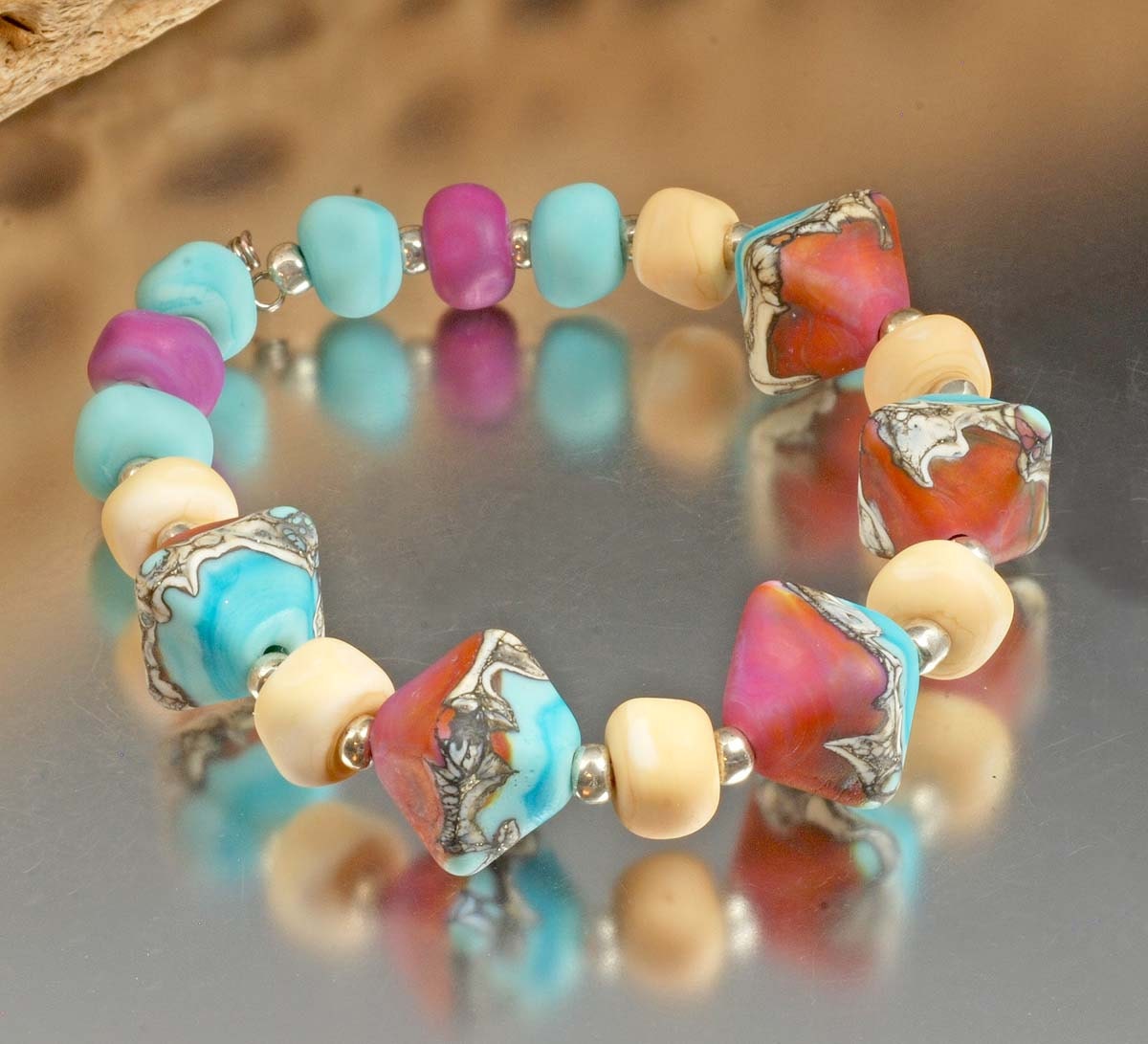 Black Friday Sale - Organic Handmade Lampwork Beads - etched turquoise, pink, purple, ivory - Sedona Dream