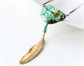 Turquoise & Brass Feather Tribal Woodsy Antiqued Necklace - SALE 15% Off