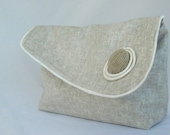 Clutch purse - linen fabric with snap closure and zippered pocket. Natural beige ecru color
