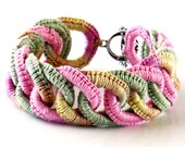 Irish Crochet Bracelet Fiber Bracelet  Faux Chainmail Bracelet Pink Sage Ecru Pale Yellow