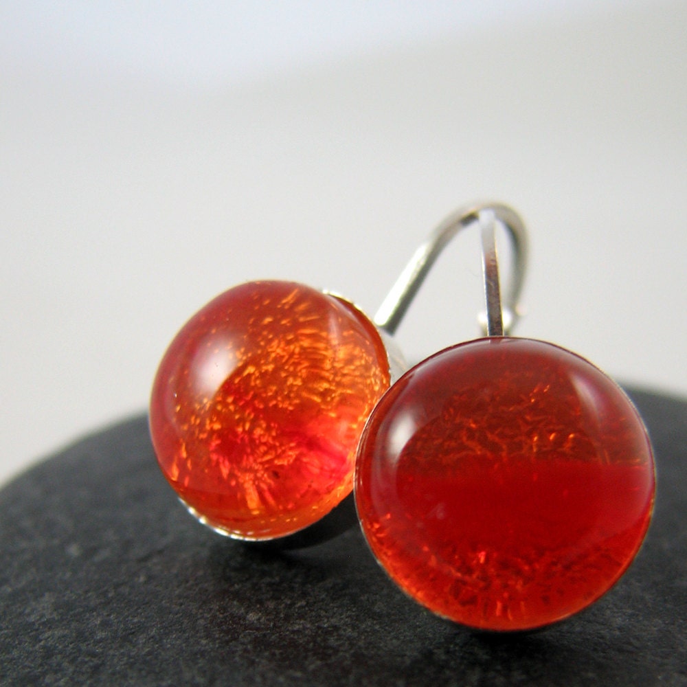 Orange Glass Earrings - Modern Sterling Silver Leverbacks - Midsummer Bonfire