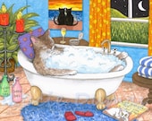 Art print 8x10 from painting Cat 567 funny bathroom art by Lucie Dumas