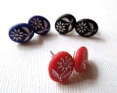 Earrings Trio Pack of Vintage Flowers in Black, Red and Blue