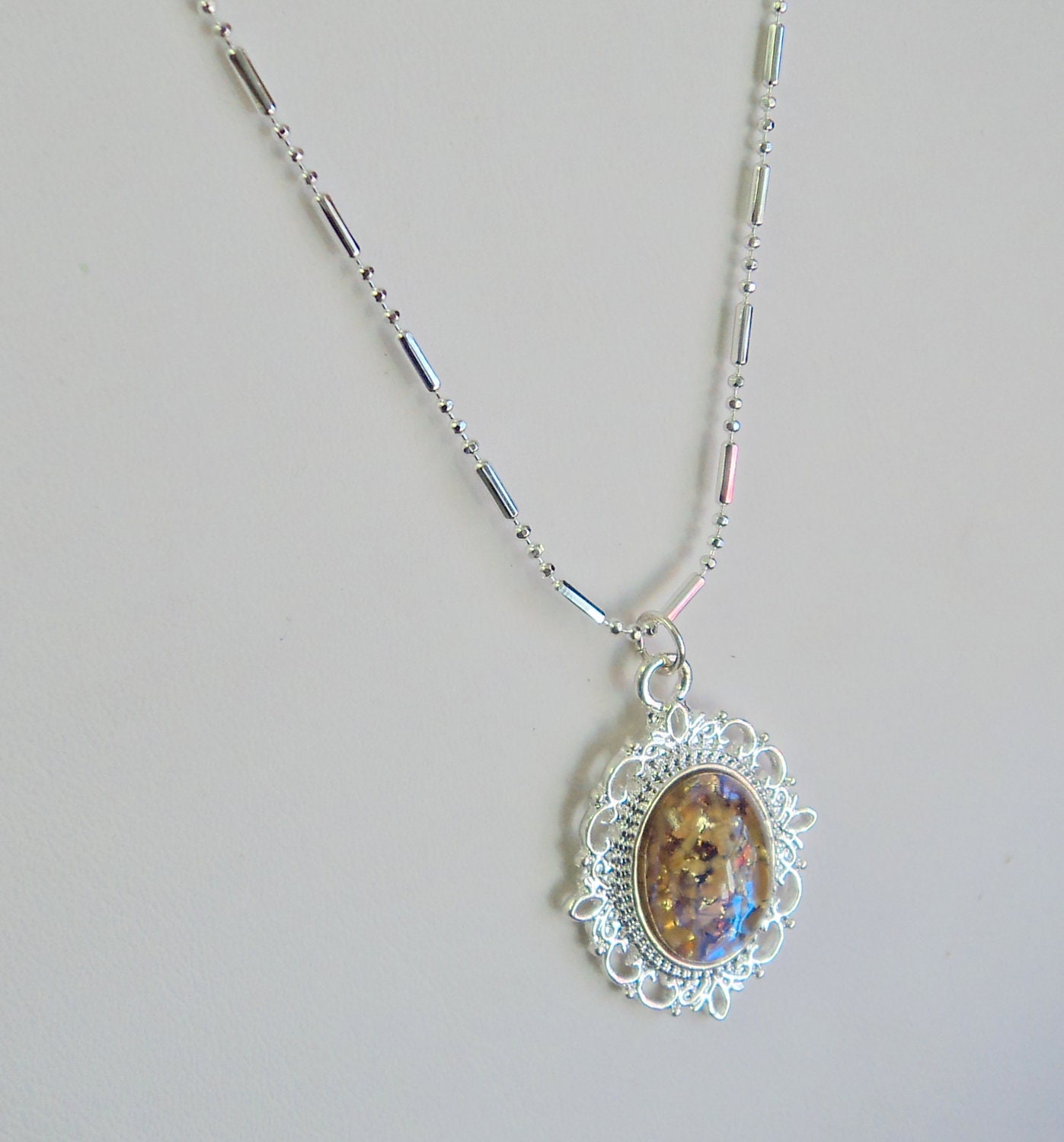 Necklace Bright Silver 18x13mm Vintage Glass Topaz Opal Filigree Setting