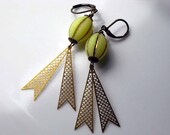 Modern Yellow Earrings - Gold Lantern Beads, Gold Brass Pennant Dangles - Retro Vintage - Gift Box