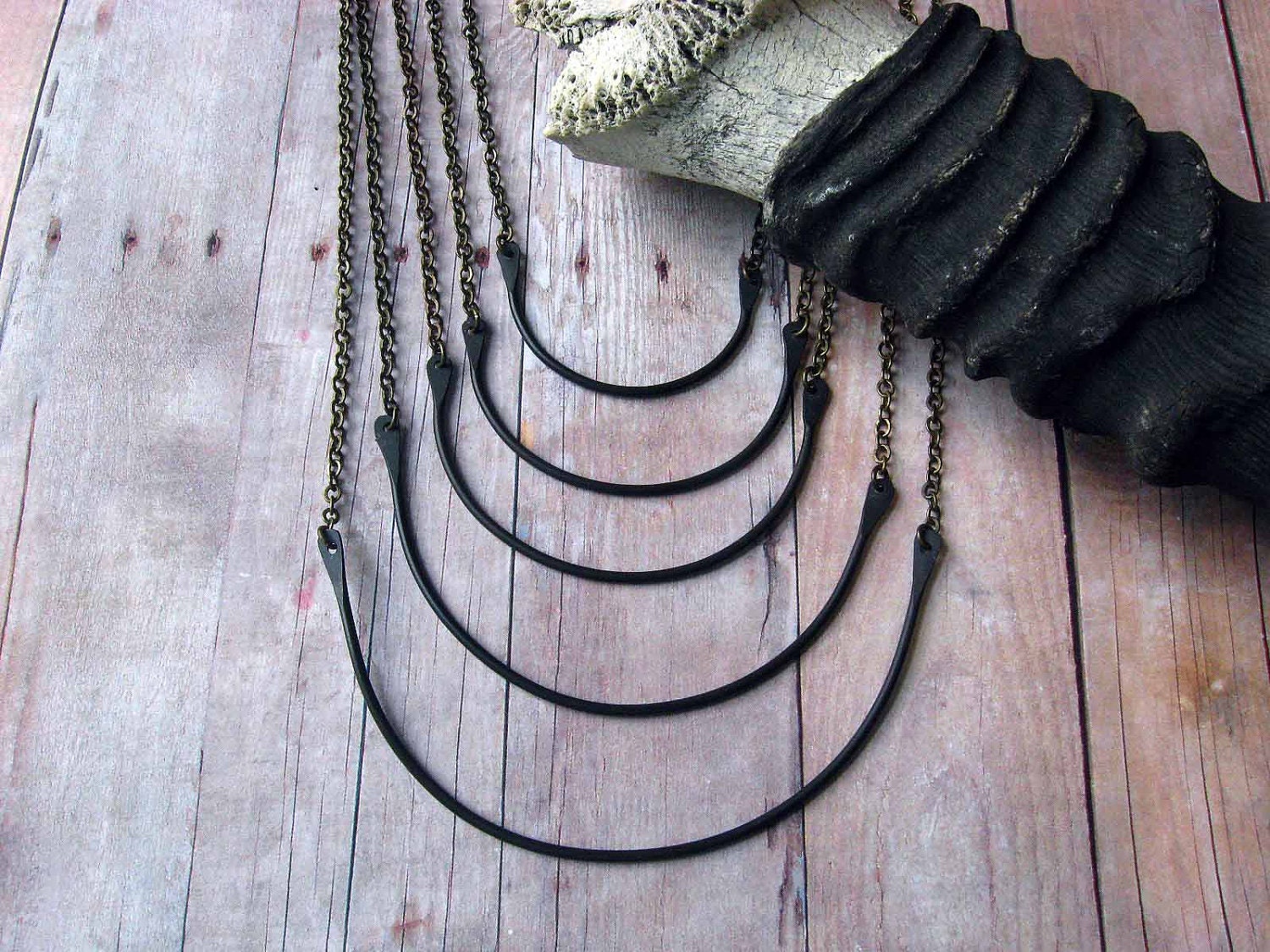 Black Tribal Necklace - Breastplate - Multi-Strand, Upcycled, African, Oxidized Brass Crescent Pendant - OOAK - Statement Piece - Gift Box
