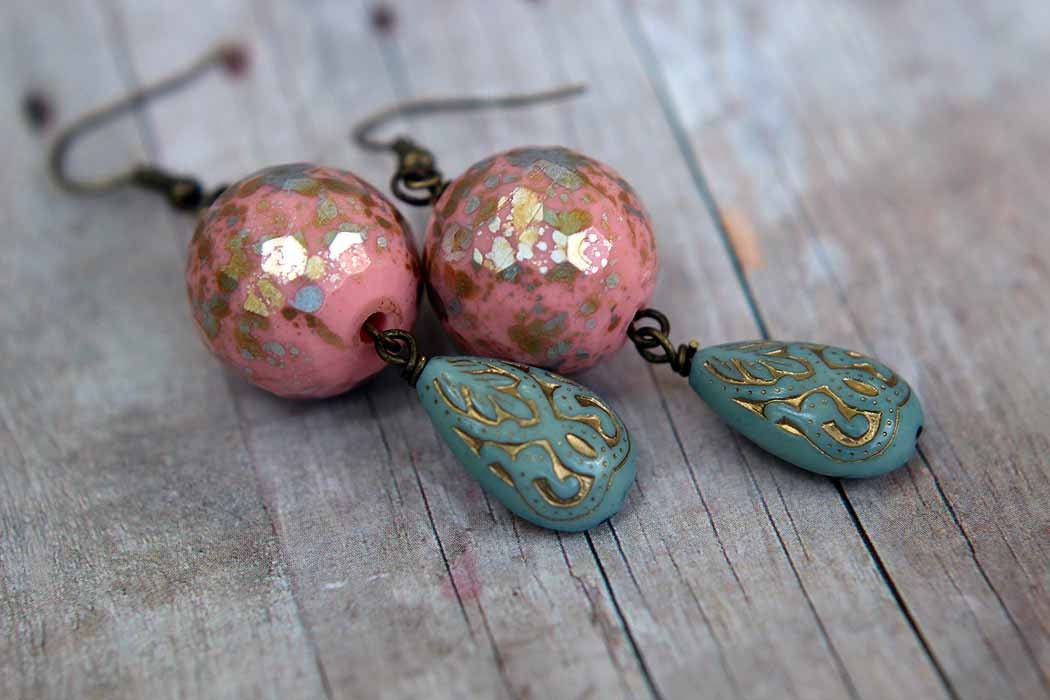 Retro Aqua Blue , Pink, Gold Earrings - Etched Gold - Ornate Tear Drop Dangles - Metallic Vintage Lucite Beads - Gift Box