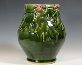 Vase ceramic, decorative oak leaf acorn, one of a kind home decor, glazed in green, handmade by hughes pottery