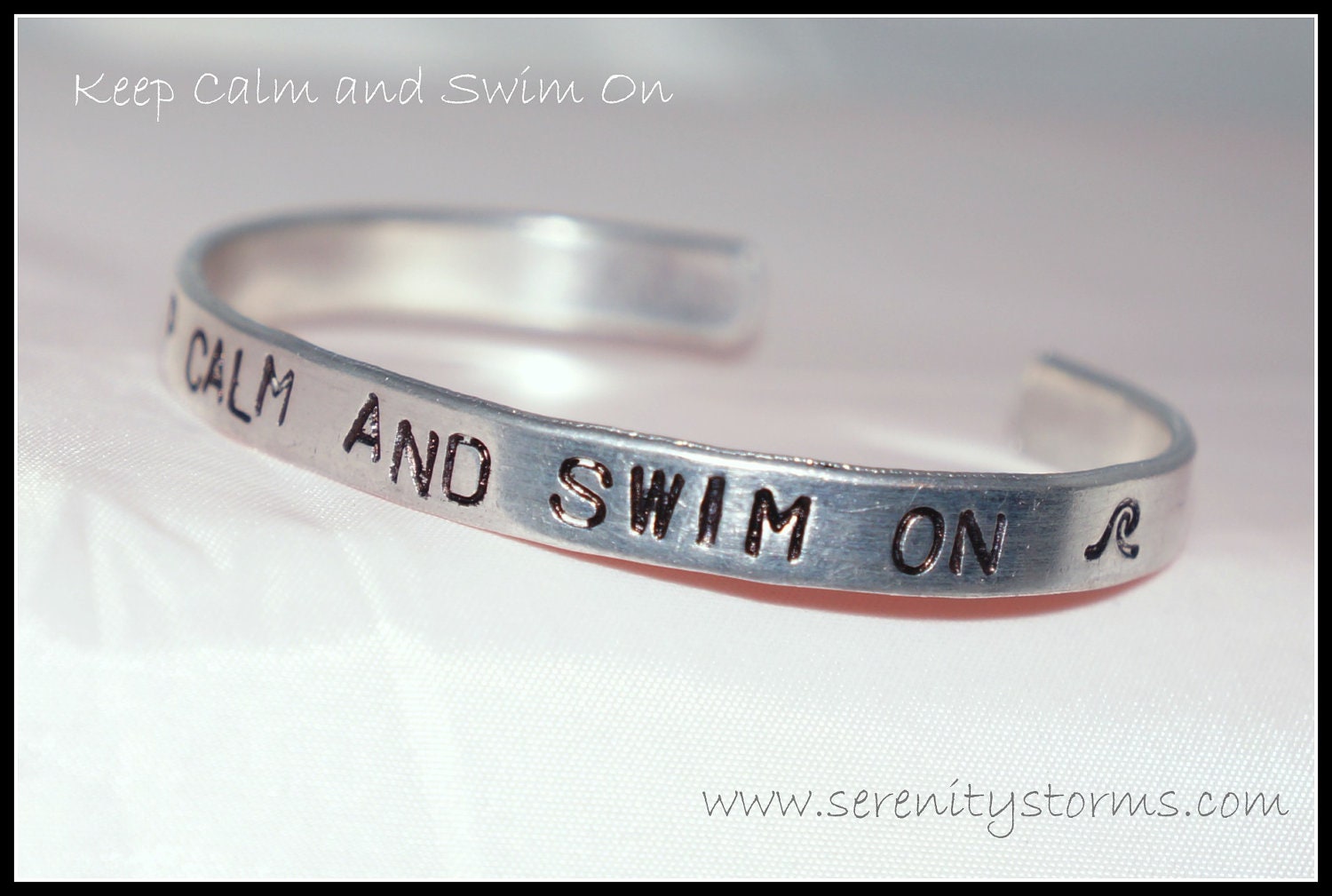 Keep Calm and Swim On Stamped Silver Metal Cuff Bracelet