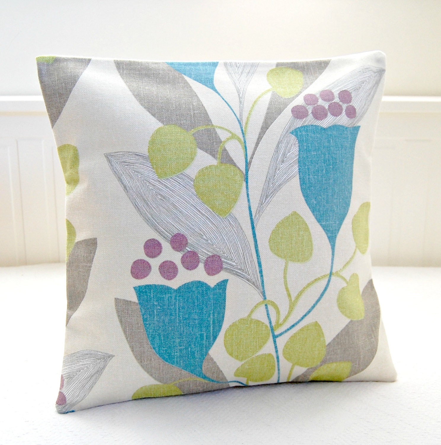 decorative pillow cover blue flowers, pale lime, grey leaves, retro style cushion cover 16 inch