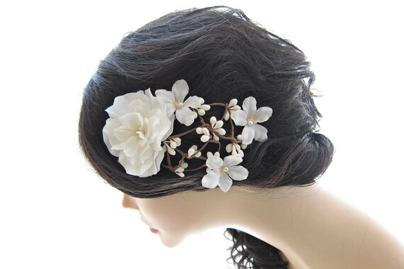white flower hair clip, rustic wedding bridal hair accessory