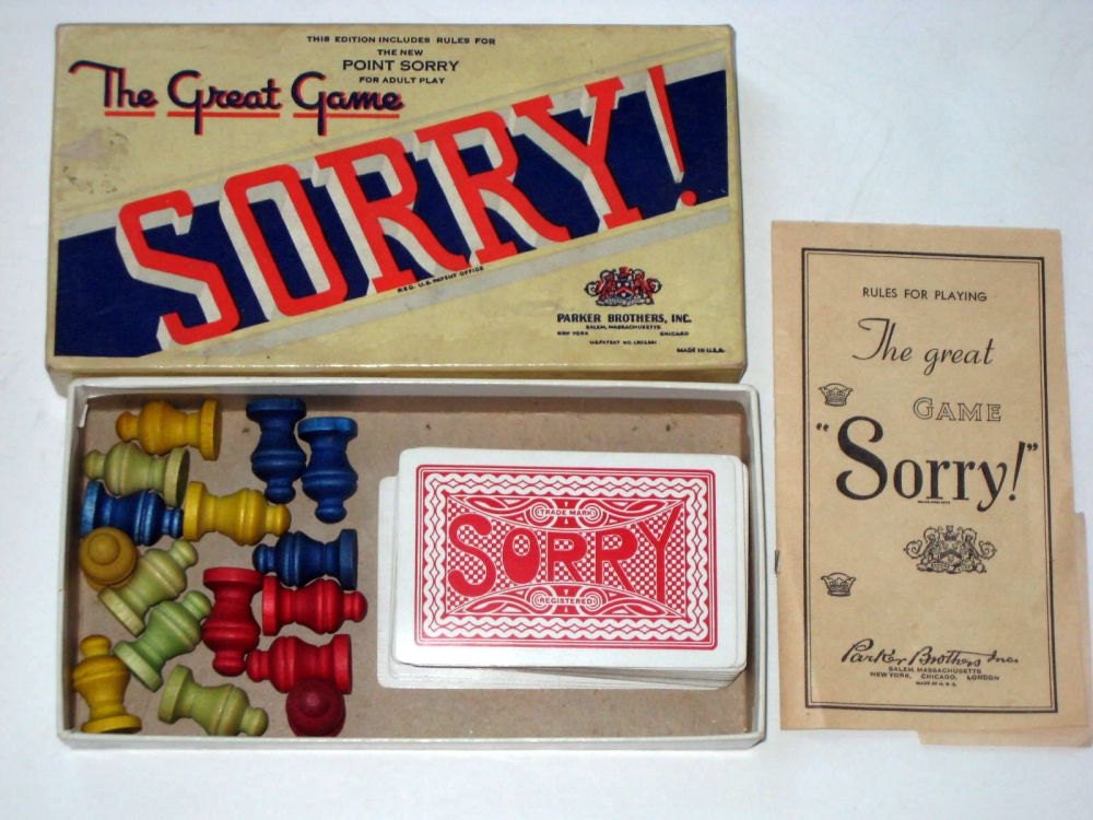 Vintage Game Pieces Sorry Cards and Wooden Game by paintedpony99