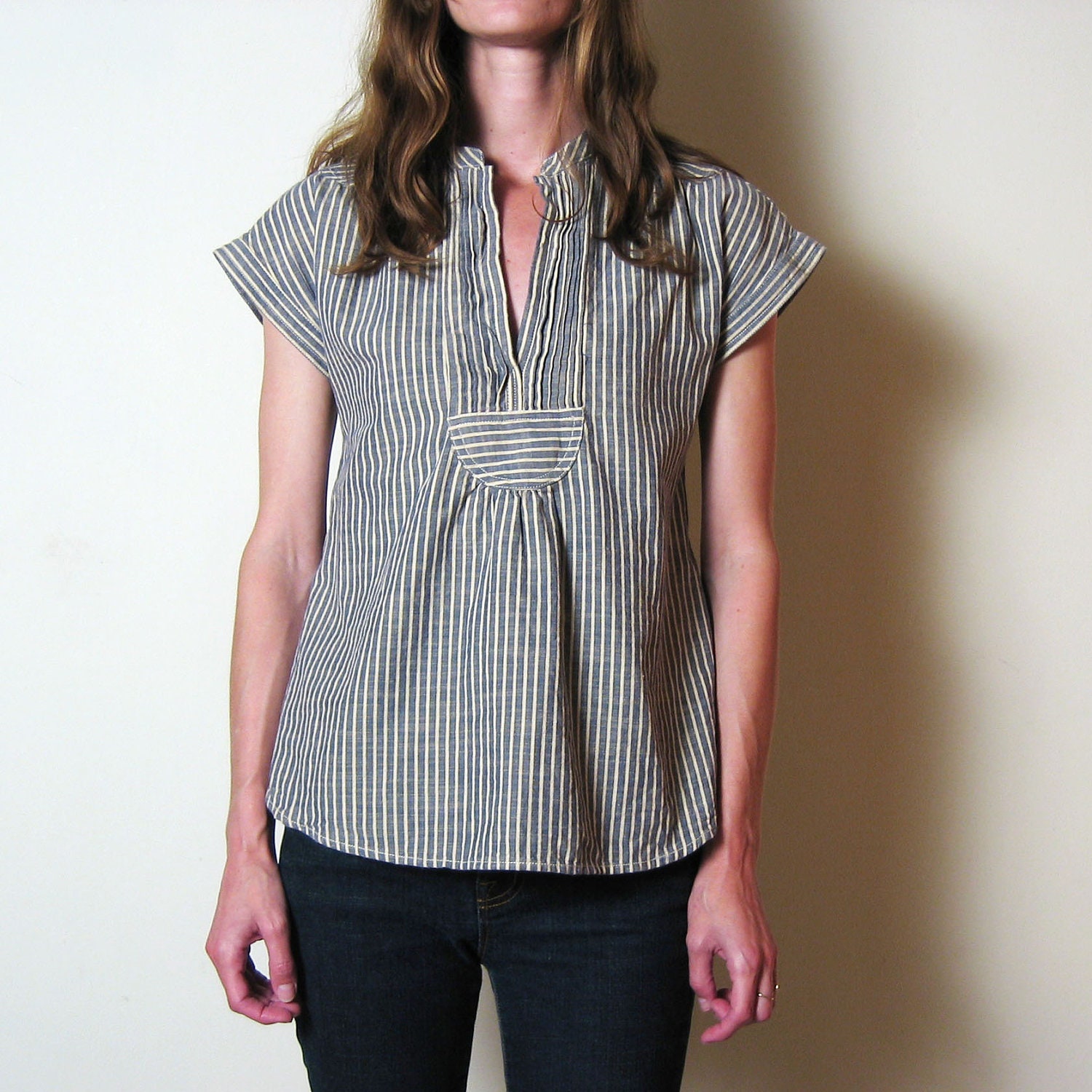 BLUE & WHITE STRIPED pintucked blouse, xs - s