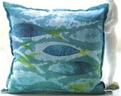 Decorative Pillow, Cotton Throw Pillow Cover, Ocean Fish School Design, 20 inches square, Original Art