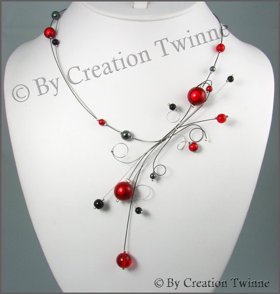 red black necklace, swirls jewelry, wedding jewelry, mother gift, bridesmaids jewlelry,funky jewelry, evening necklace, bridal jewelry