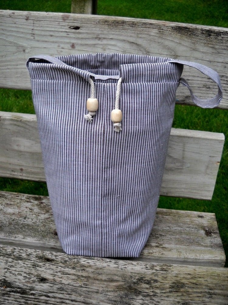 Cotton Knitting Bag, Crochet Tote Bag, Brown and white pinstripe, Lined n Padded, Drawstring, Pockets, WIP or KIP bag - Free Shipping