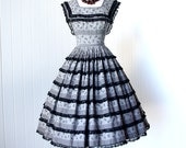 vintage 1950's dress ...sweet NEIMAN MARCUS cotton floral novelty print full skirt pin-up dress with tulle crinoline